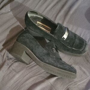 Hush Puppies Chunky Black Suede Silver Horse Bit Slip-On Loafers